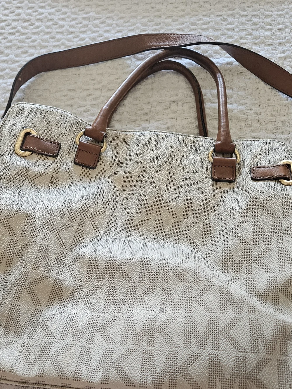 Michael Kors Beige Logo Tote with Brown Leather Handles and Gold Hardware